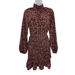 Zara Ditsy Floral-Shirring-Ruffle-Long Sleeve-Mini Dress-Back Slit-Women XS
